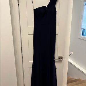 Betsy & Adam One-Shoulder Navy Formal Gown